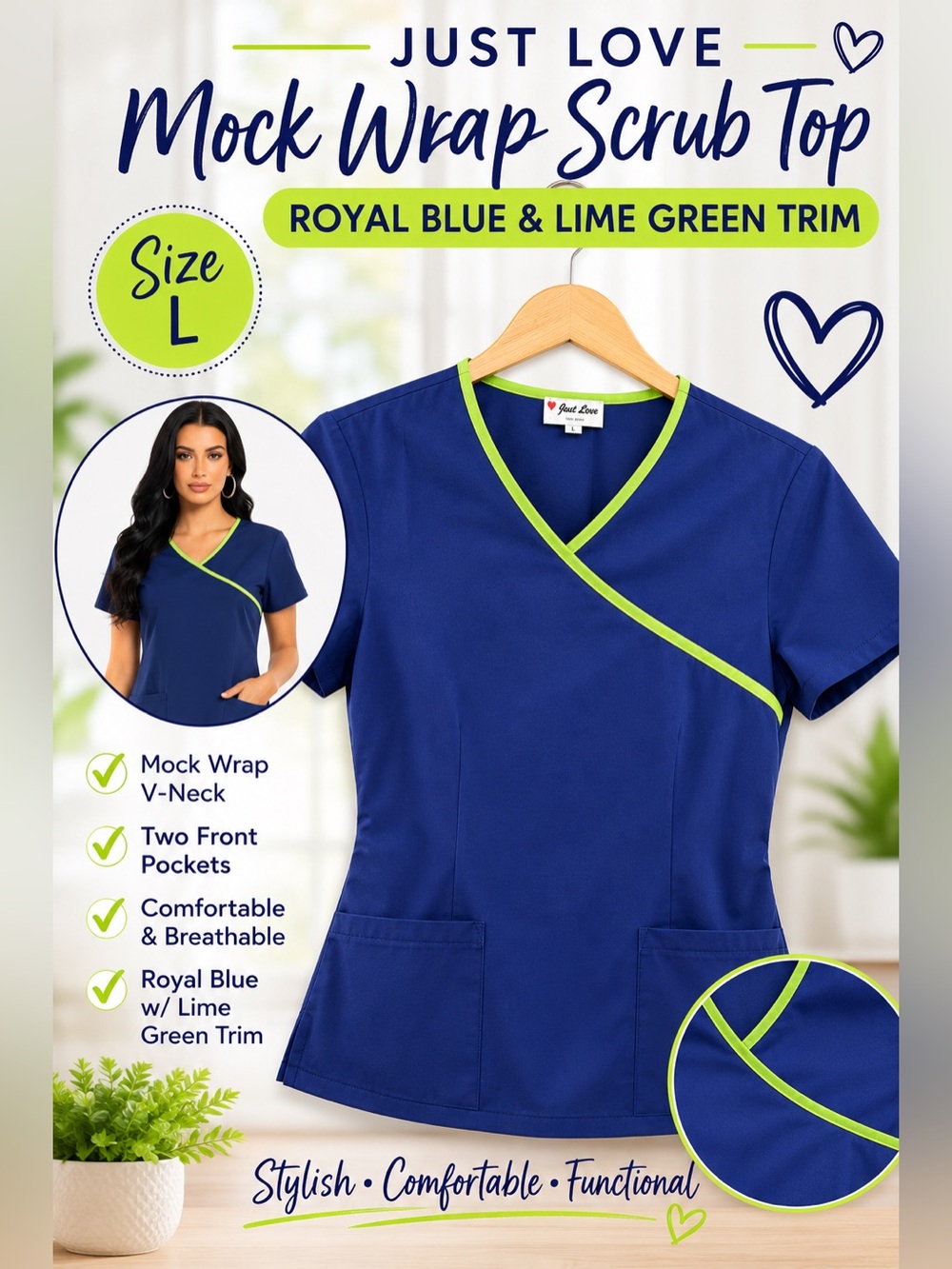 Just Love Royal Blue Mock Wrap Scrub Top - Lime Green Trim - Size L